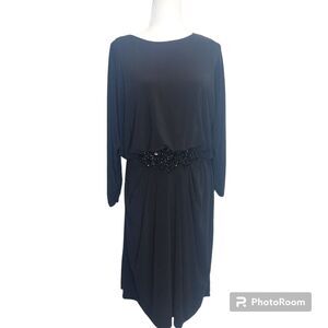 Alex Evenings Black Jersey Blouson Dress Black Rhinestone Embellishment SZ. 16W
